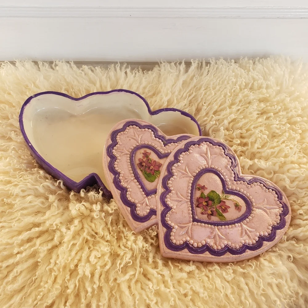 Handmade Ceramic Heart Unicorn Vtg Trinket Jewelry Box Cottage Purple Pink